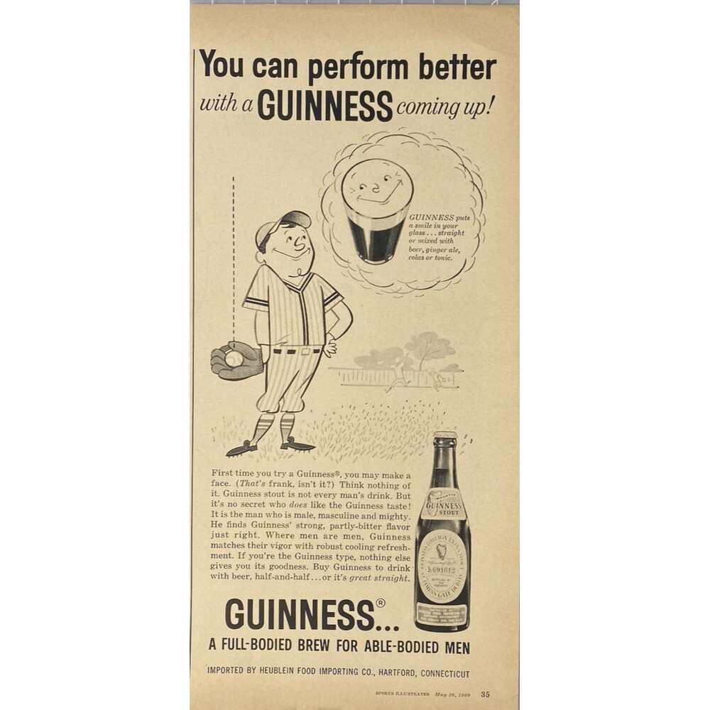 Guinness "You Can Perform Better with a Guinness Coming Up"Vintage Print Ad 1960